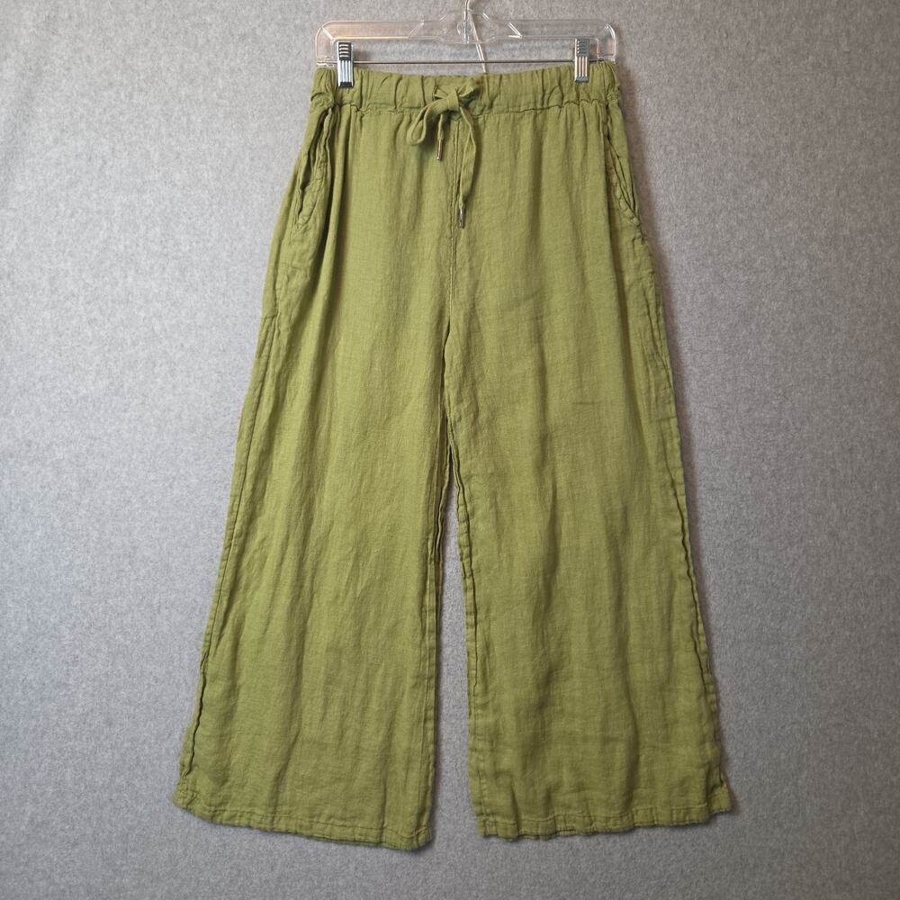 Orange Amore Italy Linen Olive Wide Leg Elastic Waist Crop Pants Women's S M